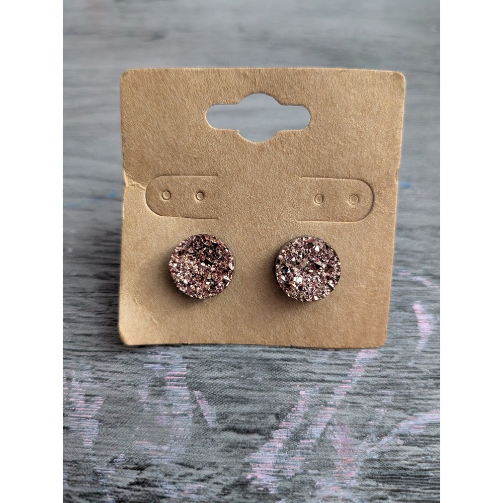 Rose Gold Faux Druzy Stud Earrings Round Textured Sparkle Jewelry